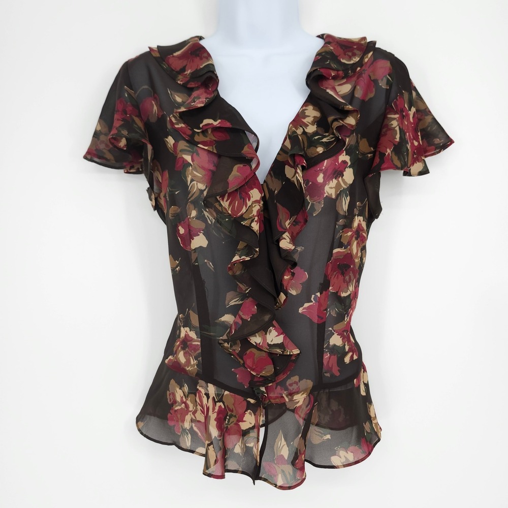 Earthy Indie Fairycore Womens Boho Ruffle Sheer Peplum Top Size M Brown Floral